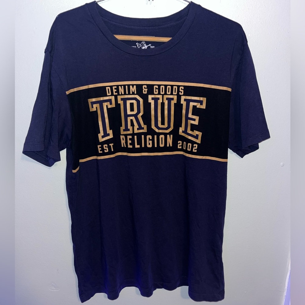 Mens Navy Blue / Gold True Religion T-Shirt